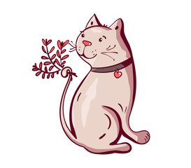 Cute happy Cat character holding flower with lettering calligraphy text. Hand drawn, vector romantic illustration. cartoon doodle style for card, poster, invitation, Valentine's Day. isolated