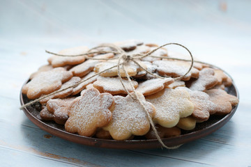 Original cookies biscuits sprinkled with powdered sugar on a plate of clay on a blue wooden background