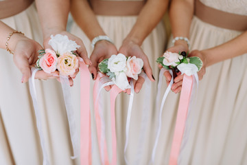 Obraz na płótnie Canvas bridesmaids demonstrate wedding bracelets