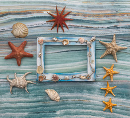sea wooden frame with shells on sea background