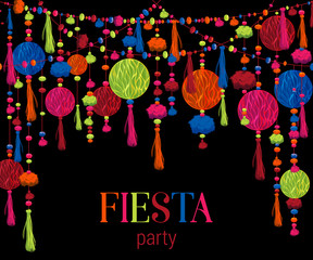 Fiesta party. Festive background with paper honeycomb, pompons, tassels, beads, garland. Design template for invitation, greeting card, banner, print. Colorful decorations. Vector illustration