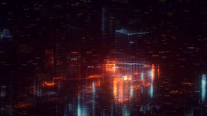 Fototapeta premium 3d rendered abstract futuristic night city concept. Transparent business skyscrapers made of bright particles. Hologram buildings. Interface elements. Architectural digital technology structure
