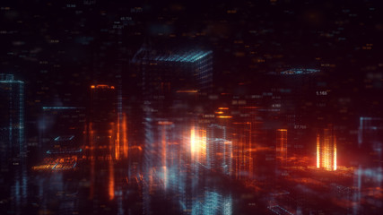 3d rendered abstract futuristic night city concept. Transparent business skyscrapers made of bright particles. Hologram buildings. Interface elements. Architectural digital technology structure