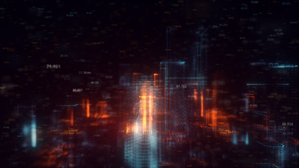 3d rendered abstract futuristic night city concept. Transparent business skyscrapers made of bright particles. Hologram buildings. Interface elements. Architectural digital technology structure