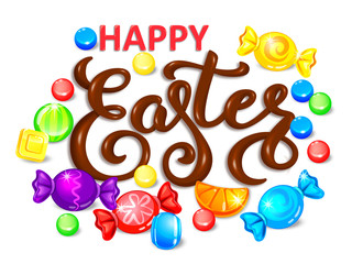 Happy easter chocolate word lettering with lollipops and candy