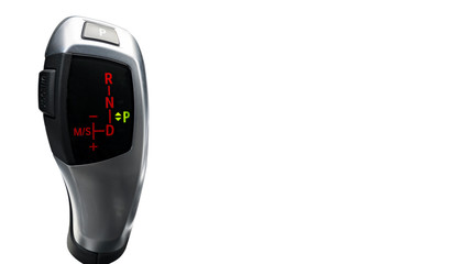 Automatic gear stick of a modern car isolated on white background. Modern car interior details. Close up view. Car detailing. Automatic transmission lever shift