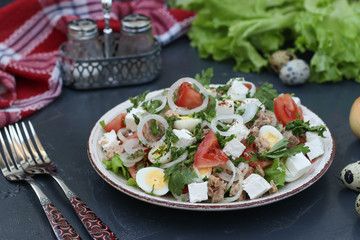 Healthy salad of organic lettuce with canned tuna, tomatoes, quail eggs, white onions and feta