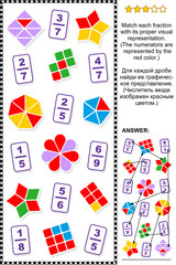 Educational math puzzle for learning and teaching fractions: Match each fraction to its proper visual representation.  Answer included.

