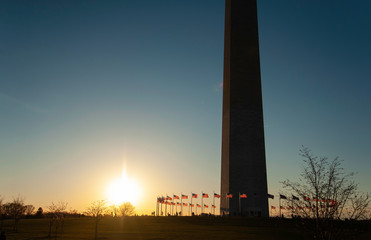 Silhouette of the Washington Monument at sunset in DC