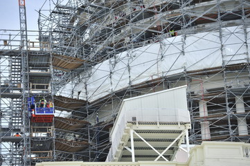 The Capitol dome in Washington DC covered in scaffolding as it undergoes refurbishment. 