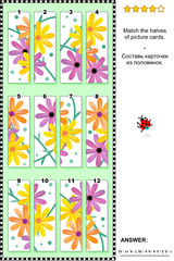 Visual puzzle with gerbera daisy flowers: Match the halves of picture cards. Answer included.
