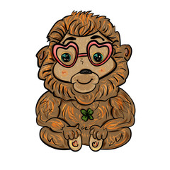 Romantic monkey with decoration of four-leaf clover and glasses for Valentine's Day. Vector illustration. - Vector