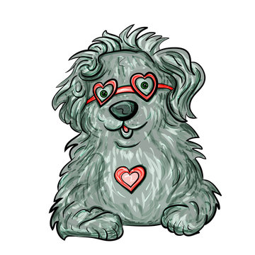 Romantic bobtail dog with heart and glasses for Valentine's Day. Vector illustration. - Vector..