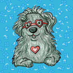 Romantic bobtail dog with heart and glasses. The sweet feeling of love. Valentine's Day. Vector illustration. - Vector