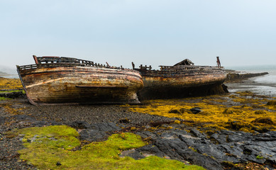 Shipwrecked fishing boats on the Scottish isle of Mull