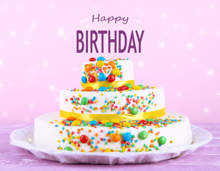 Beautiful tasty birthday cake on color background