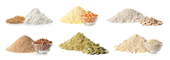 Poster Set of different organic flour and seeds on white background © New Africa