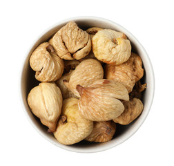 Bowl with dried figs on white background, top view. Healthy fruit