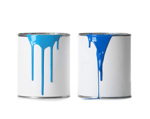 Open paint cans with stains isolated on white