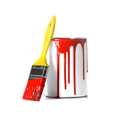 Open paint can with stains and brush isolated on white