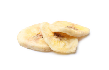 Naklejka na ściany i meble Sweet banana slices on white background. Dried fruit as healthy snack