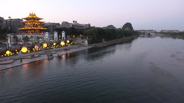 GUILIN, CHINA - CIRCA NOVEMBER 2018 : Scenery of XIAOYAO TOWER and LI RIVER.