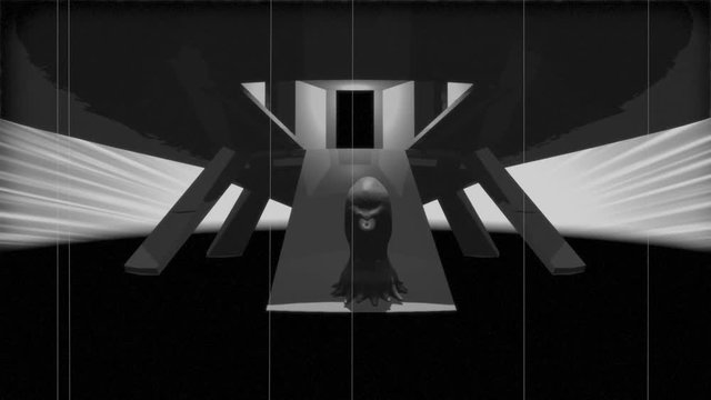 Vintage Alien Invasion: Alien Cyclops Creature leaves Spaceship (Black & White)