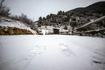 Footprints over a snowy floor ground on an outdoor landscape