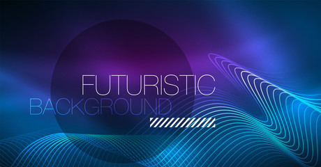 Glowing abstract wave on dark, shiny motion, Christmas and New Year magic space light. Techno abstract background