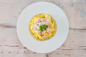 tasty Carbonara pasta on the table