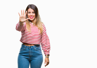 Young beautiful woman casual stripes winter sweater over isolated background showing and pointing up with fingers number five while smiling confident and happy.