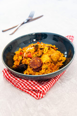 Prawn with rice - closeup of prawn with rice - traditionnal spanish food paella