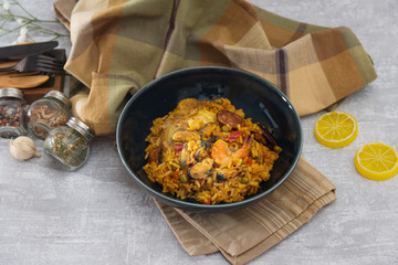 Prawn with rice - closeup of prawn with rice - traditionnal spanish food paella
