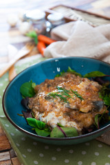 Moussaka, Oriental dish common to Turkey, Greece and the Balkans, consisting of aubergines baked.