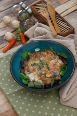 Moussaka, Oriental dish common to Turkey, Greece and the Balkans, consisting of aubergines baked.