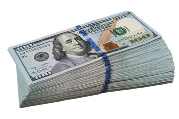 A large pack of one hundred American dollars bills on a white background. Isolated.