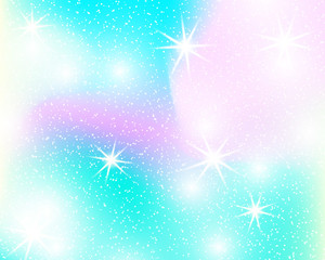 Fototapeta na wymiar Unicorn rainbow background. Holographic sky in pastel color. Bright mermaid pattern in princess colors. Vector illustration. Fantasy gradient colorful backdrop with rainbow mesh.