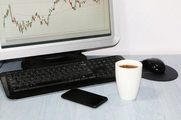 Close-up - desk with a phone and a cup of coffee