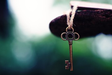 Vintage key with wooden home keyring hanging on old wood plank with blur green garden background
