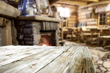 Fototapeta na wymiar Table background and fireplace 