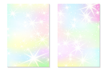 Unicorn rainbow background. Holographic sky in pastel color. Bright hologram mermaid pattern in princess colors. Vector illustration. Unicorn Fantasy gradient colorful backdrop with rainbow mesh.