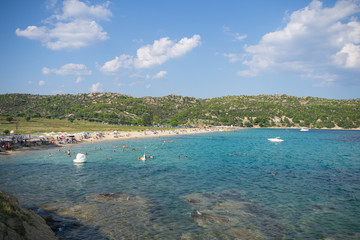 Blue sea water and sandy beach with trees.