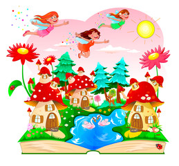 Obraz na płótnie Canvas Fairy, book, mushroom house, river, forest. Joyful fairies flying in the sky above the mushroom houses