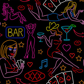 Seamless pattern with neon art, casino, strip club, night club, bar