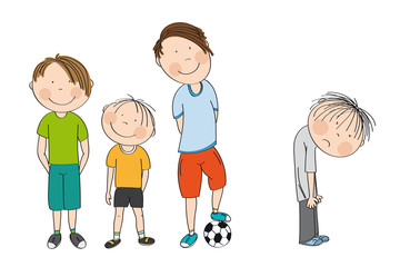 Three boys with ball,  ready to play football / soccer, the fourth boy is standing with his back bent down looking unhappy, wants to be their friend. Original hand drawn illustration.