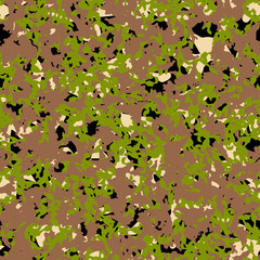 Forest camouflage of various shades of beige, black, green and brown colors