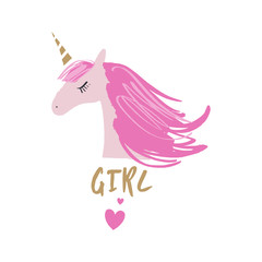 Cute hand drawn girl unicorn pastel nursery art