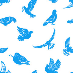 Pigeon or dove, white bird flying with spread wings in sky or sitting seamless pattern.