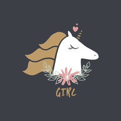 Cute hand drawn girl unicorn pastel nursery art