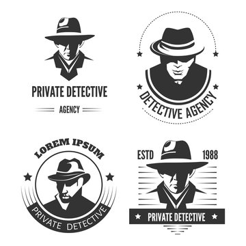 Private detective promotional monochrome emblems with man in hat and classic coat.